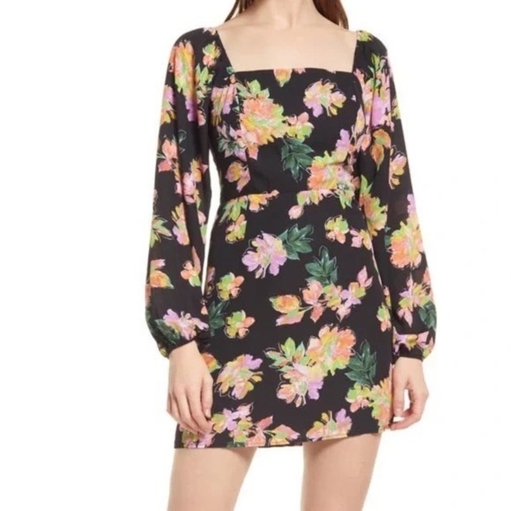 All in Favor Black Floral Mini Dress Puff Sleeve Square Neck‎ Women's L NWT